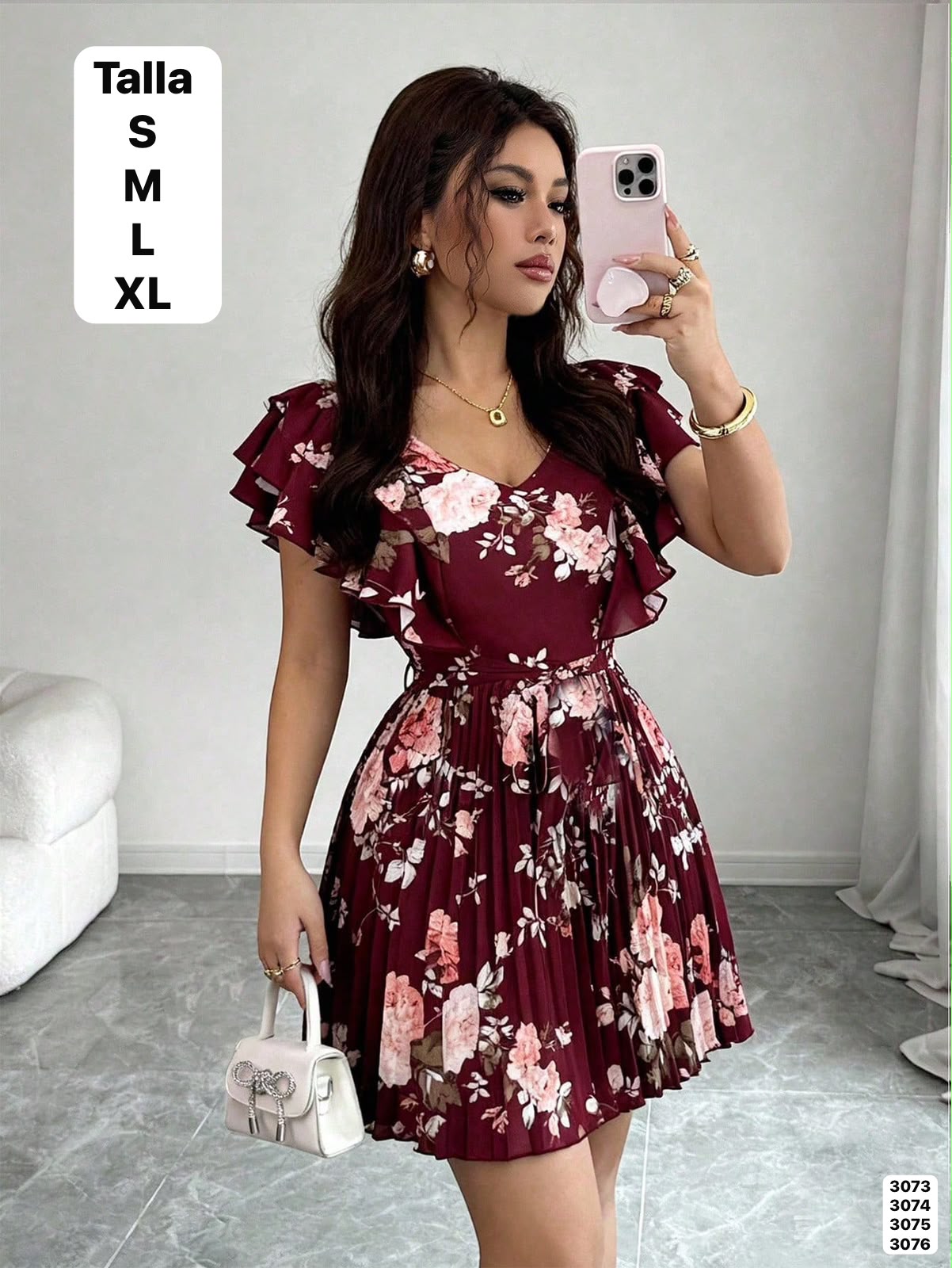 VESTIDO ROJO OCRE CUELLO V CON ESTAMPADO DE FLORES DE DAMA