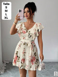 VESTIDO BEIGE CUELLO V CON ESTAMPADO DE FLORES DE DAMA