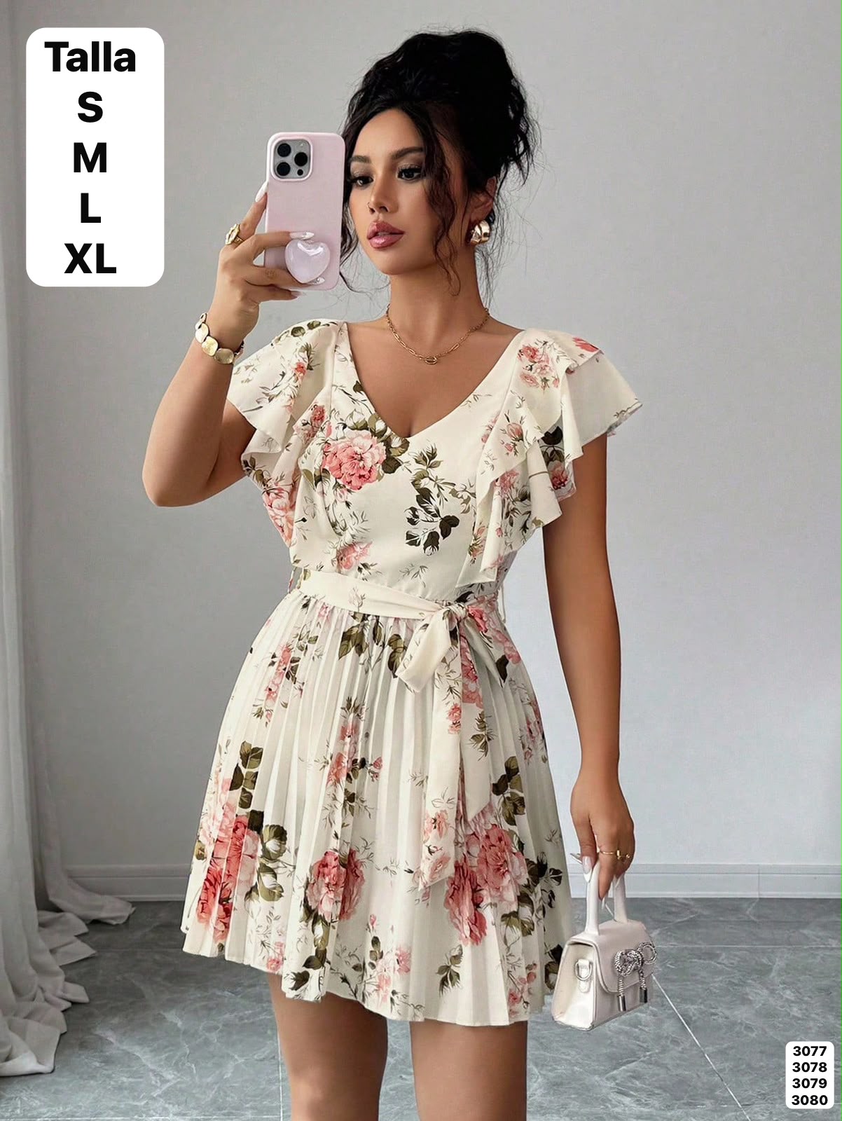 VESTIDO BEIGE CUELLO V CON ESTAMPADO DE FLORES DE DAMA