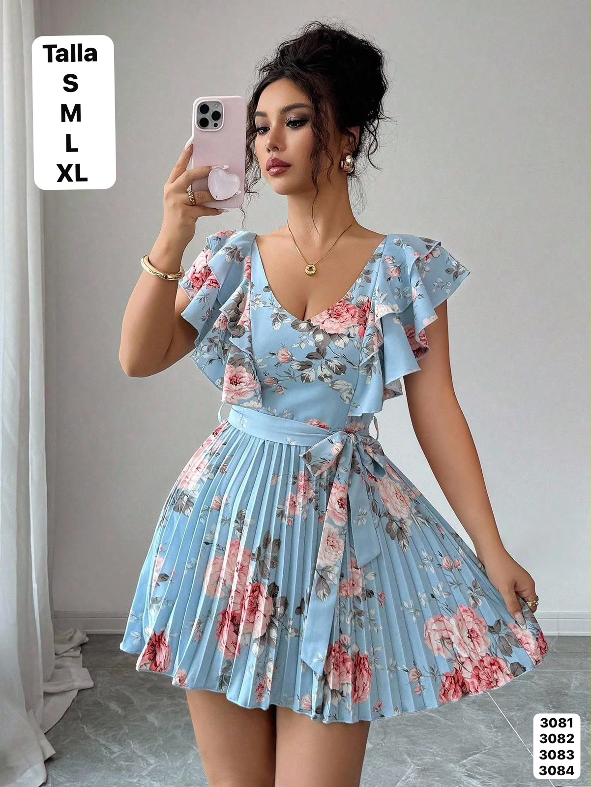 VESTIDO CELESTE CUELLO V CON ESTAMPADO DE FLORES DE DAMA