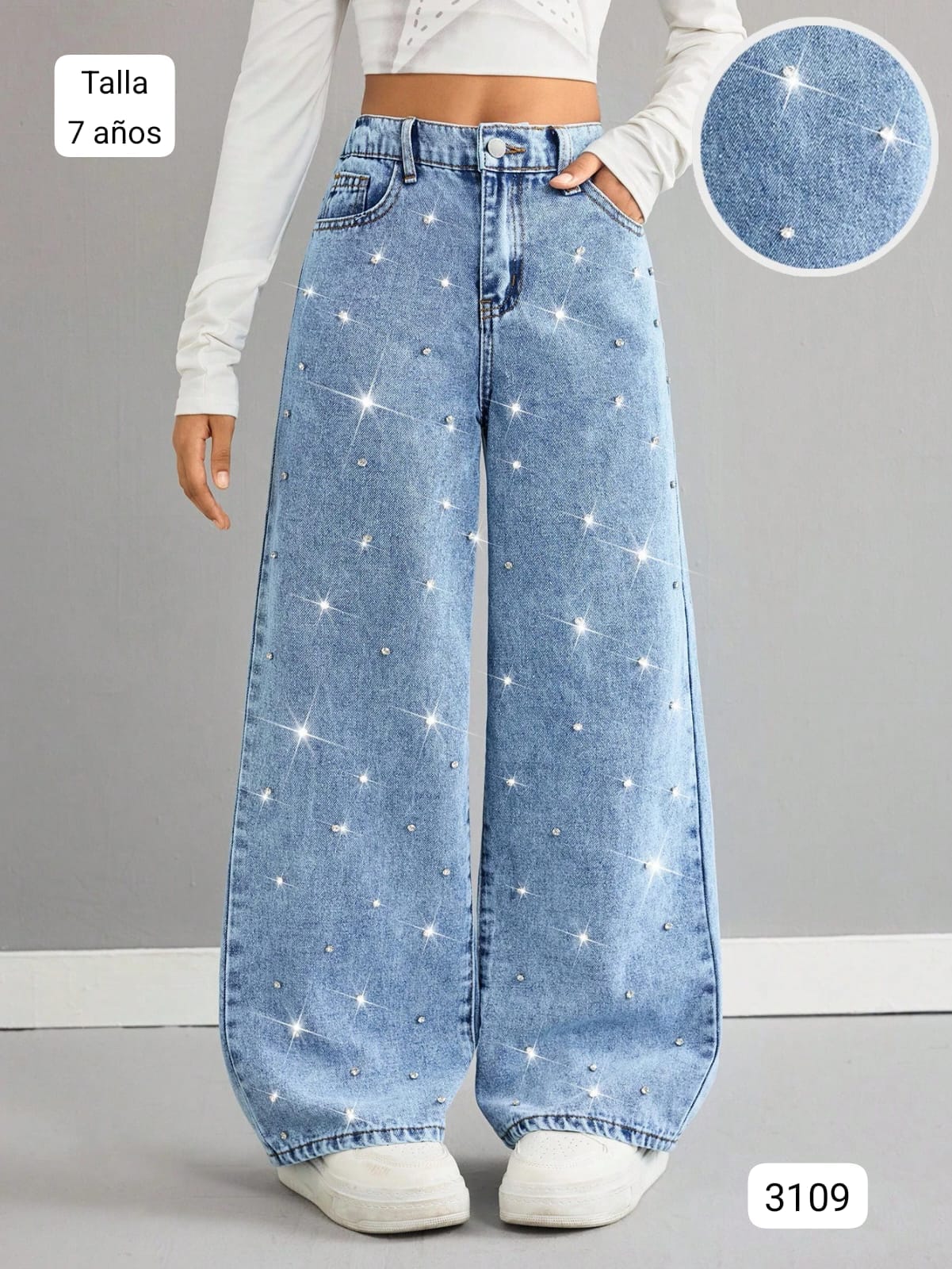 PANTALON CELESTE CON BRILLOS DE NIÑA
