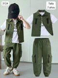 CONJUNTO VERDE DE PANTALON BOMBERO, CAMISETA BLANCA Y CHALECO