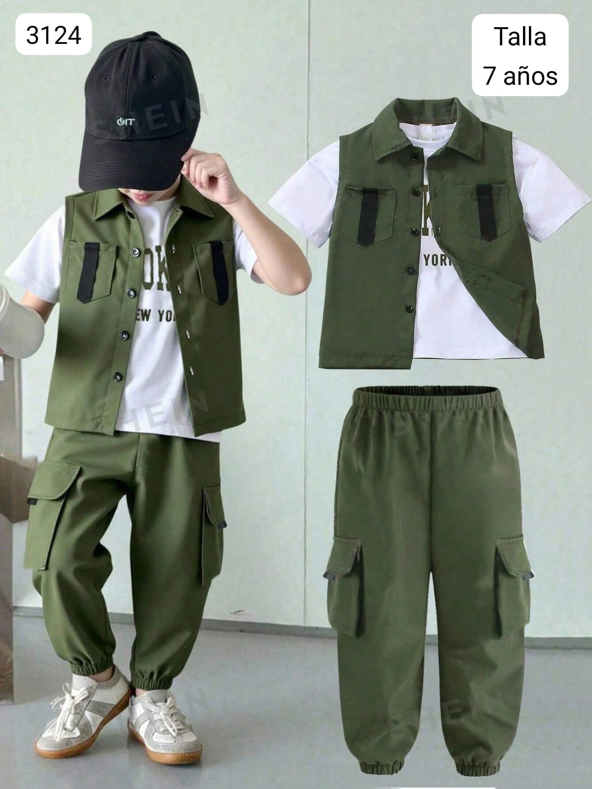 CONJUNTO VERDE DE PANTALON BOMBERO, CAMISETA BLANCA Y CHALECO