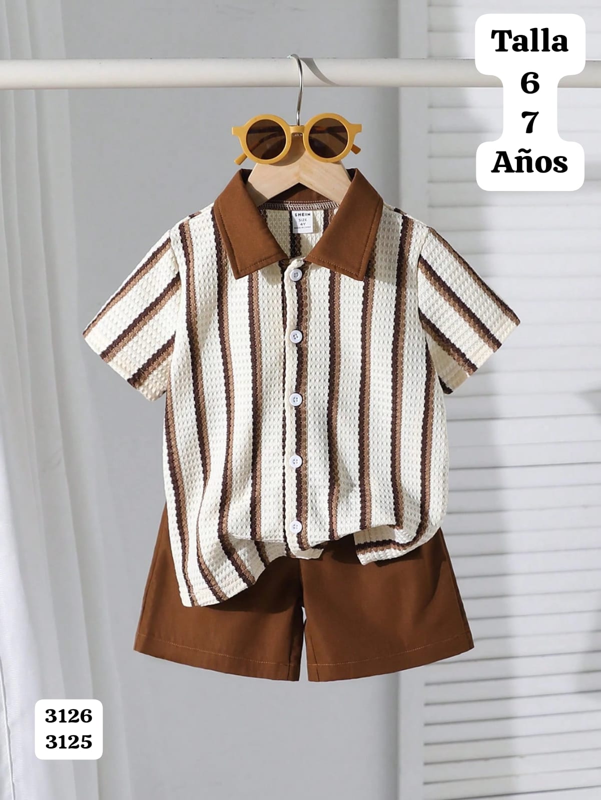 SET DE 2 PIEZAS, SHORT CAFE, CAMISA CUELLO CAFE Y DE BOTONES DE NIÑO