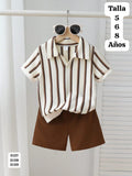 SET DE 2 PIEZAS, SHORT CAFE, CAMISA DE BOTONES Y RAYAS EN TONOS CAFE DE NIÑO
