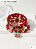 SET DE 4 PULSERAS EN TONOS ROJOS