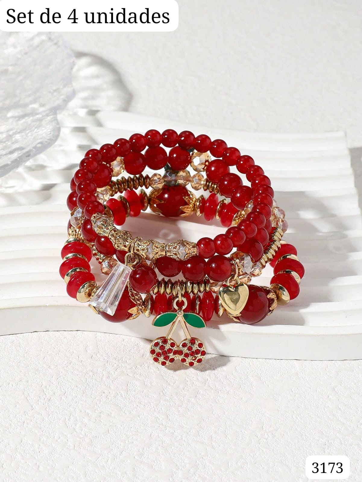 SET DE 4 PULSERAS EN TONOS ROJOS