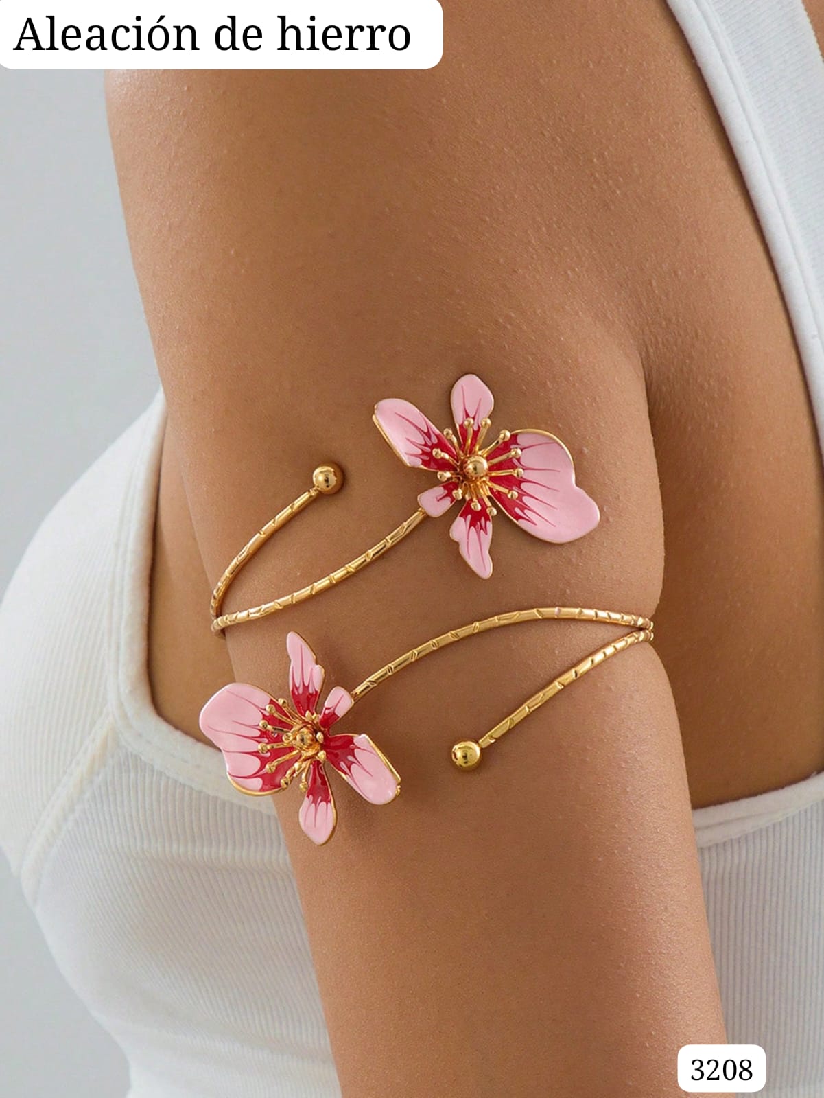 BRAZALETE DORADO CON FLORES ROSA