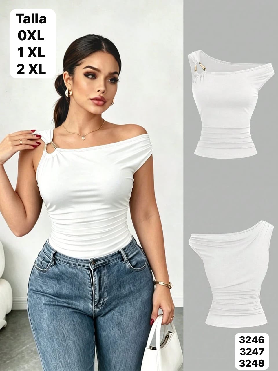 BLUSA BLANCA MANGA CAIDA Y UNA MANGA CON DIJEN DE METAL DE MUJER