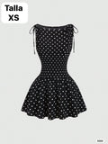 VESTIDO CORTO COLOR NEGRO CON LUNARES BLANCOS DE MUJER
