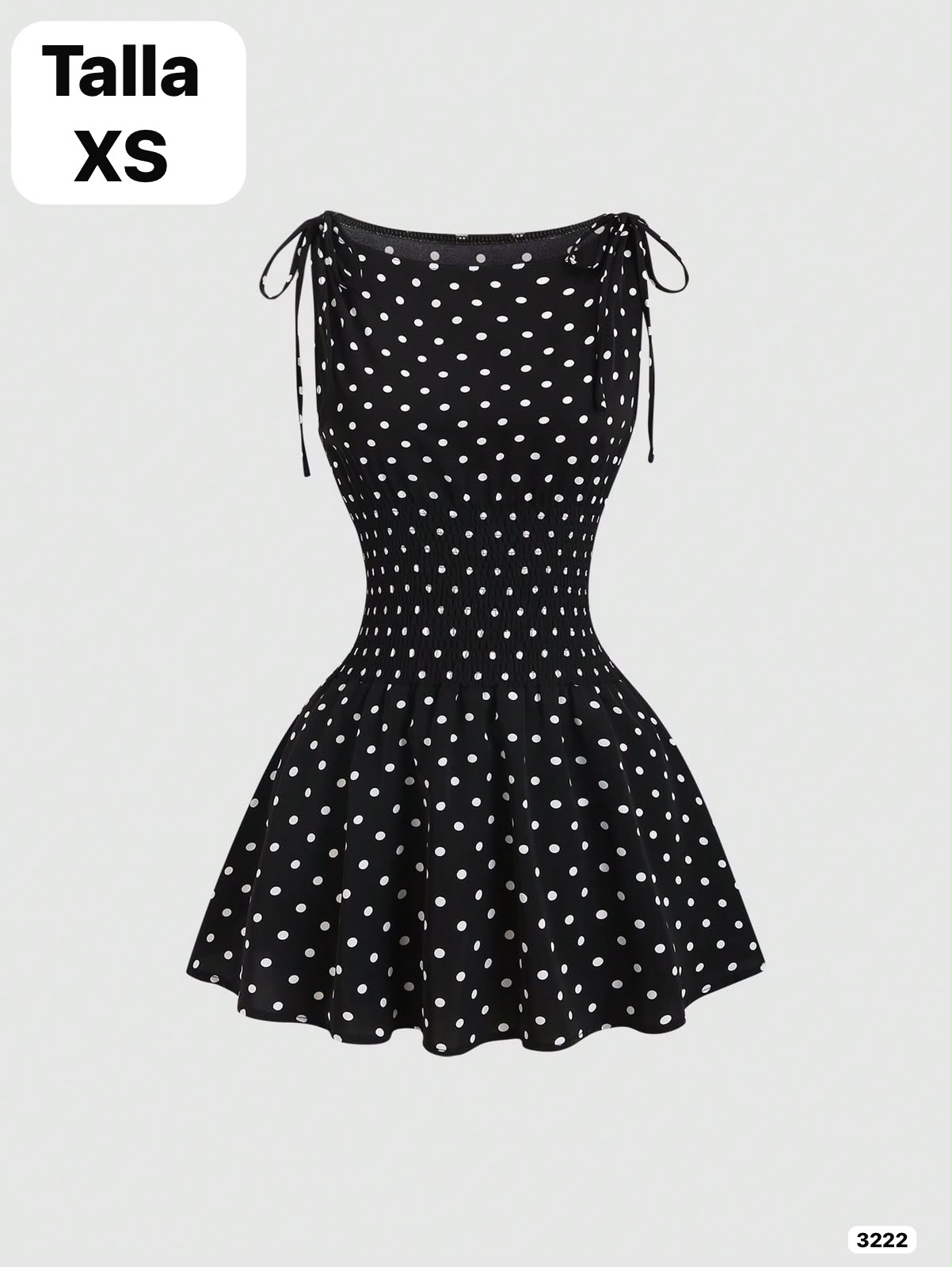 VESTIDO CORTO COLOR NEGRO CON LUNARES BLANCOS DE MUJER