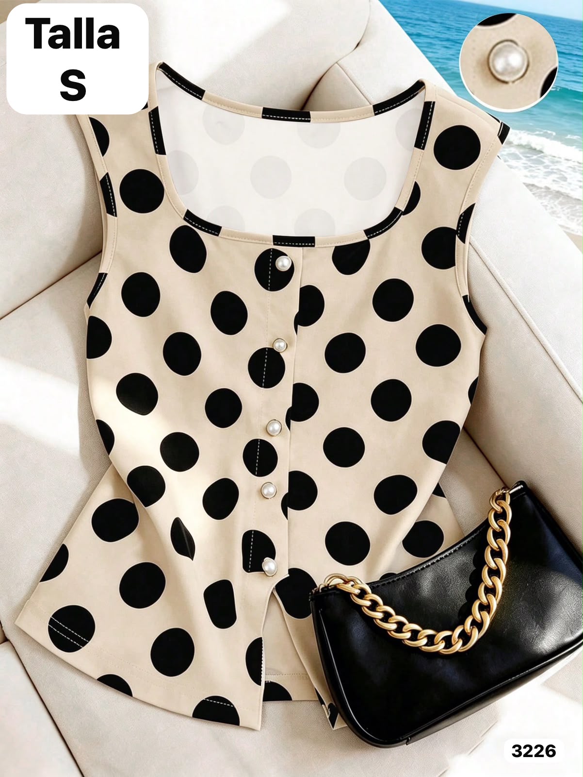 BLUSA BEIGE CON LUNARES GRANDES NEGROS