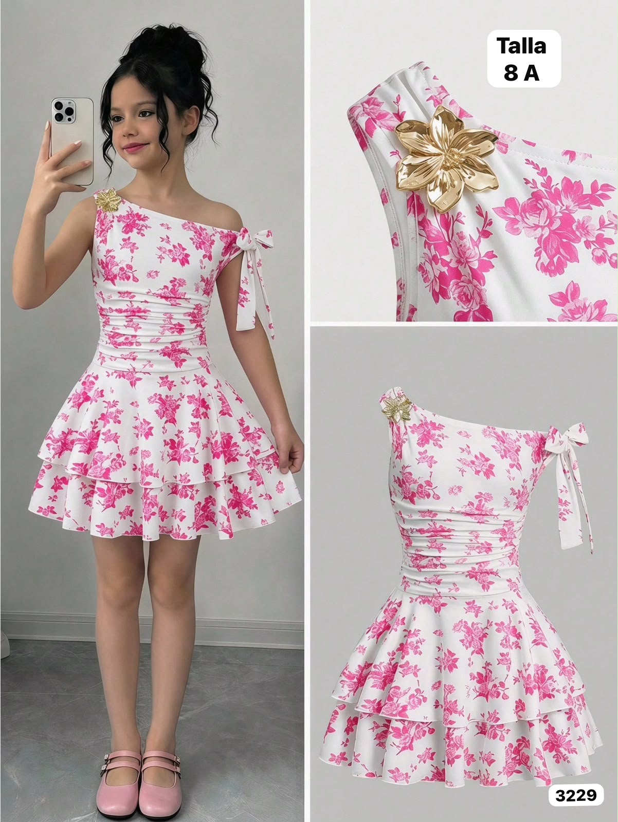 VESTIDO CORTO BLANCO CON ROSA DE NIÑA