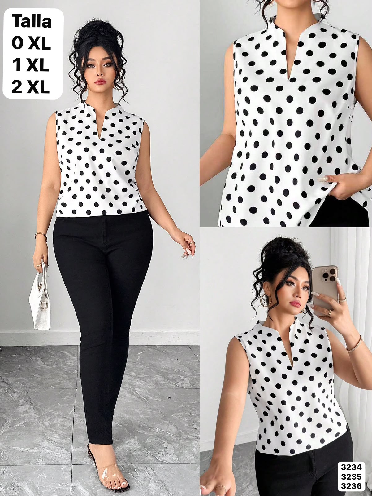BLUSA BLANCA CON LUNARES NEGROS DE MUJER