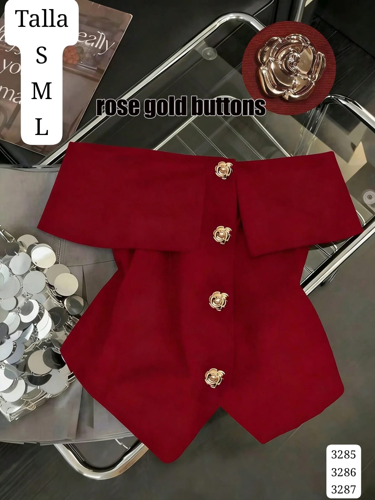 BLUSA ROJO VINO CAMPESINA CON BOTONES DORADOS DE MUJER
