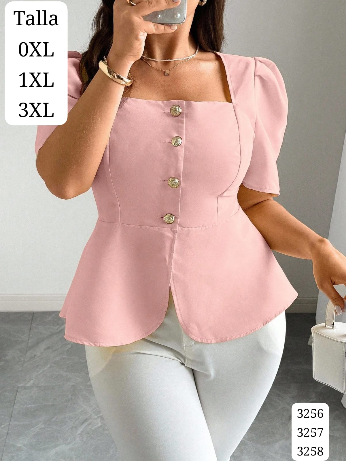 BLUSA ROSA CUELLO CUADRADO CON BOTONES DE MUJER
