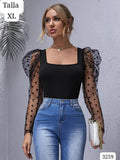 BLUSA NEGRA MANGA LARGA CON MANGAS Y LUNARES DE MUJER