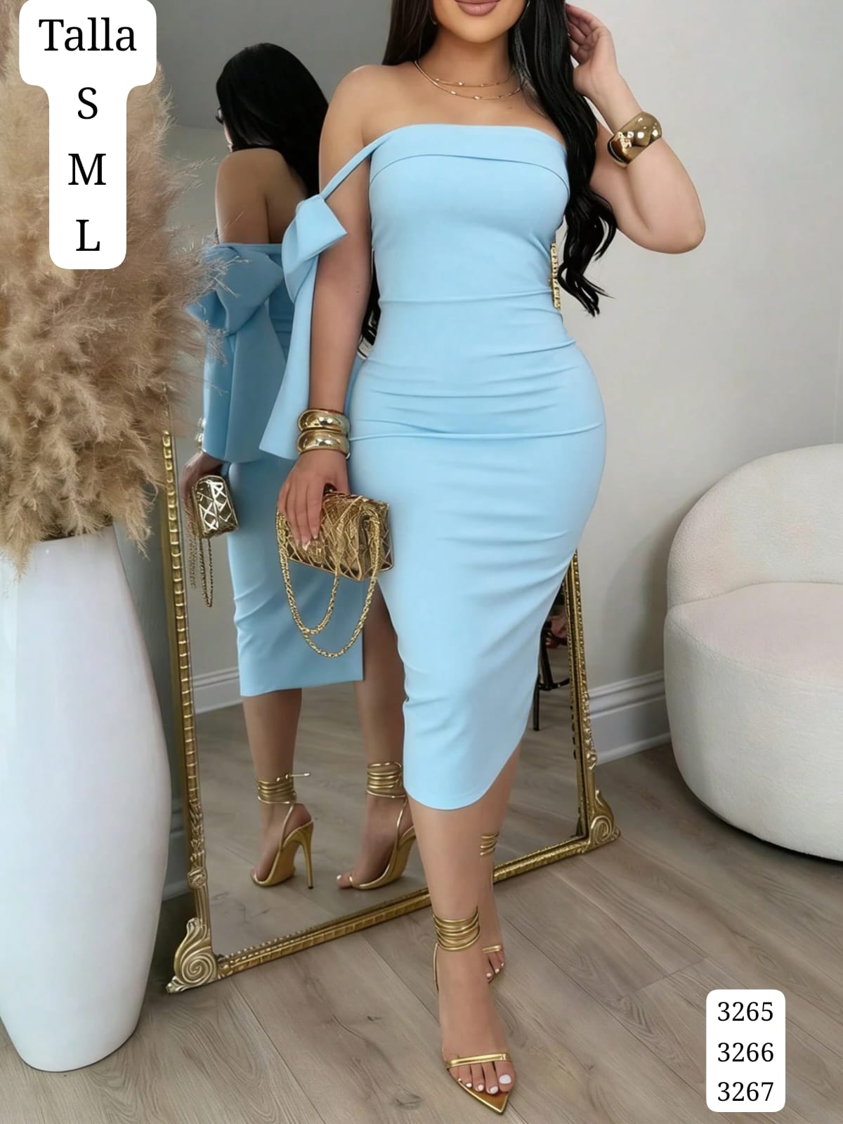 VESTIDO CELESTE LARGO Y PEGADO DE MUJER
