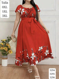 VESTIDO ROJO LARGO CON ESTAMPADO FLORAL Y LISTON DE MUJER