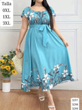 VESTIDO CELESTE LARGO CON ESTAMPADO FLORAL Y LISTON DE MUJER