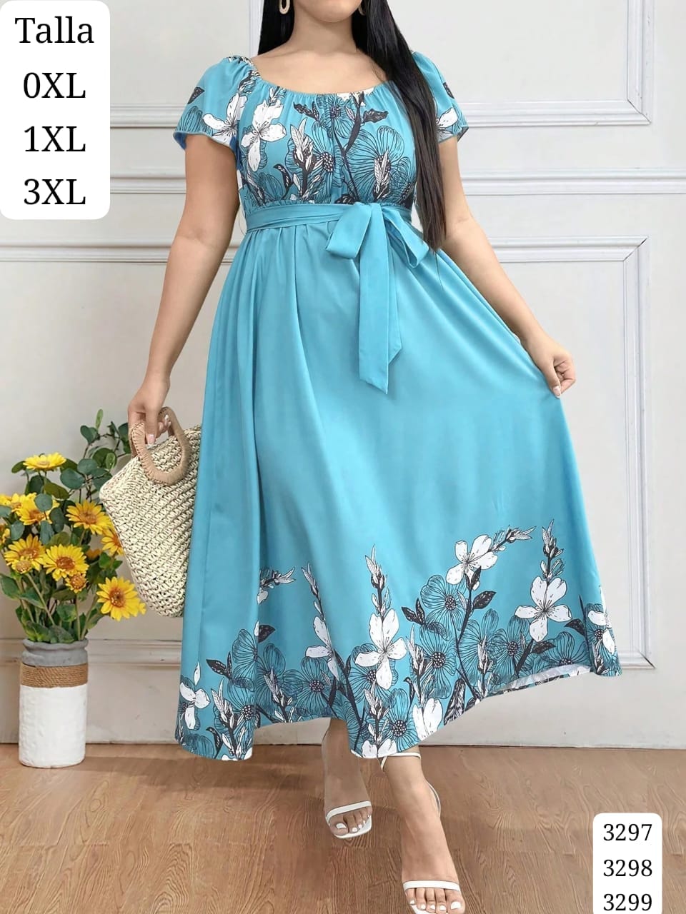 VESTIDO CELESTE LARGO CON ESTAMPADO FLORAL Y LISTON DE MUJER