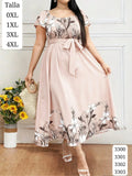 VESTIDO ROSA PALIDO LARGO CON ESTAMPADO FLORAL Y LISTON DE MUJER
