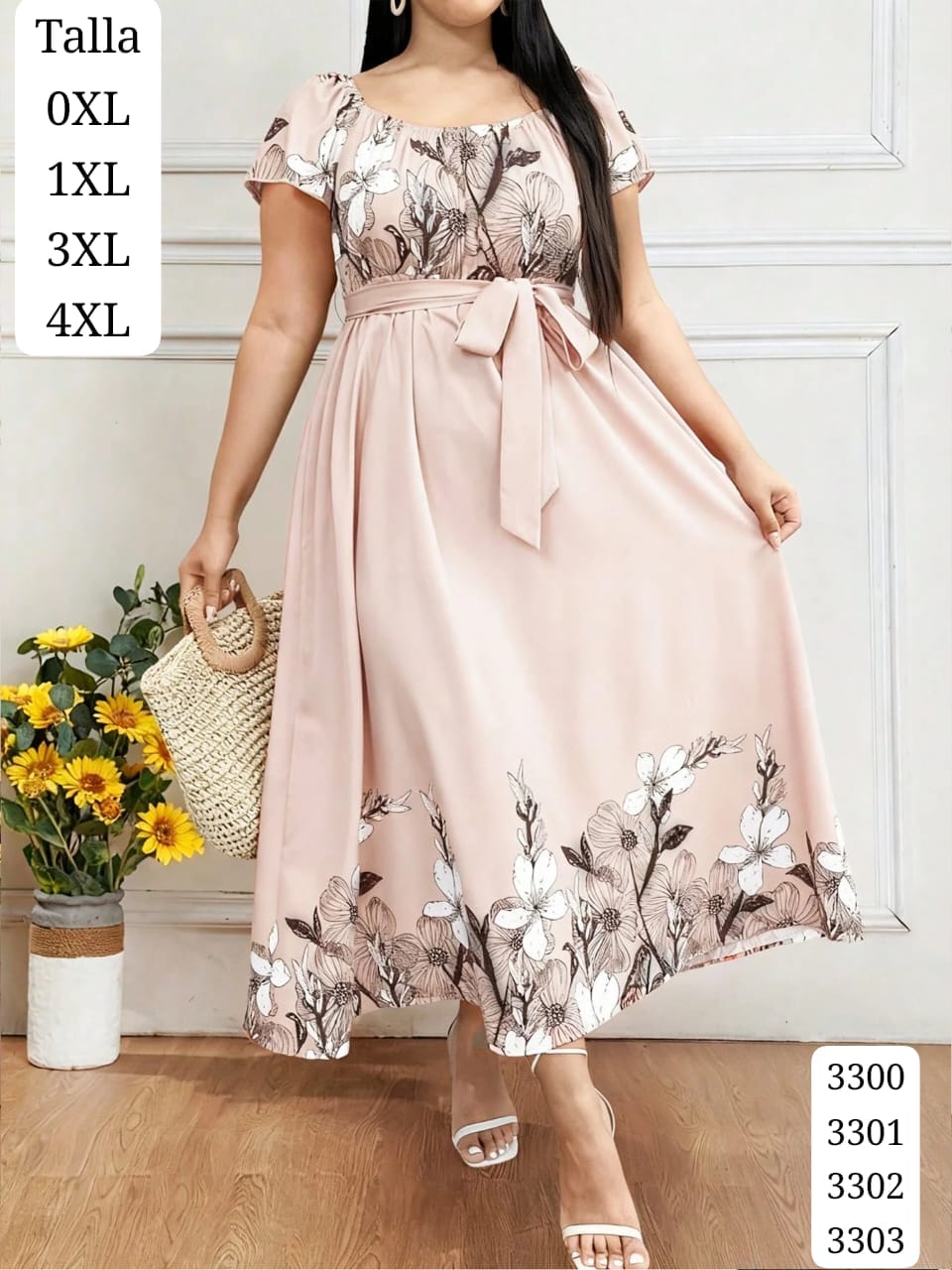 VESTIDO ROSA PALIDO LARGO CON ESTAMPADO FLORAL Y LISTON DE MUJER