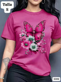 CAMISETA ROSA FUCSIA CON MARIPOSA Y FLORES DE MUJER
