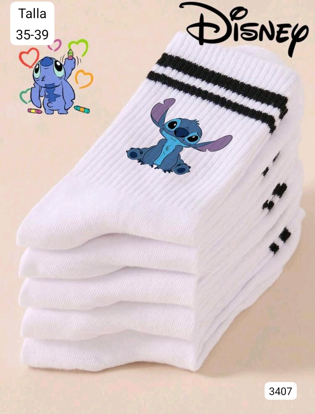 4 PARES DE CALCETAS ALTAS BLANCAS DE STICH