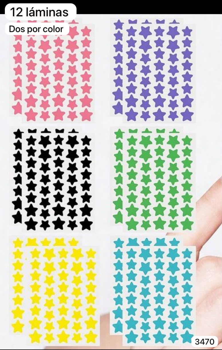 12 LAMINAS DE PARCHES DE ESTRELLITAS DE COLORES