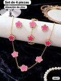 SET DE CADENA, PULSERA Y ARETES DE FLOR ROSADA