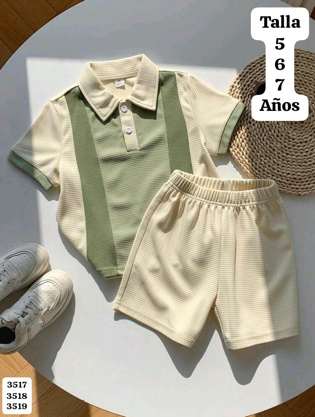CONJUNTO EN TONOS BEIGE Y VERDE DE CAMISA SPORT Y SHORT DE NIÑO