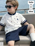 CONJUNTO DE CAMISA BLANCA CUELLO AZUL Y SHORT AZUL BOMBERO DE NIÑO
