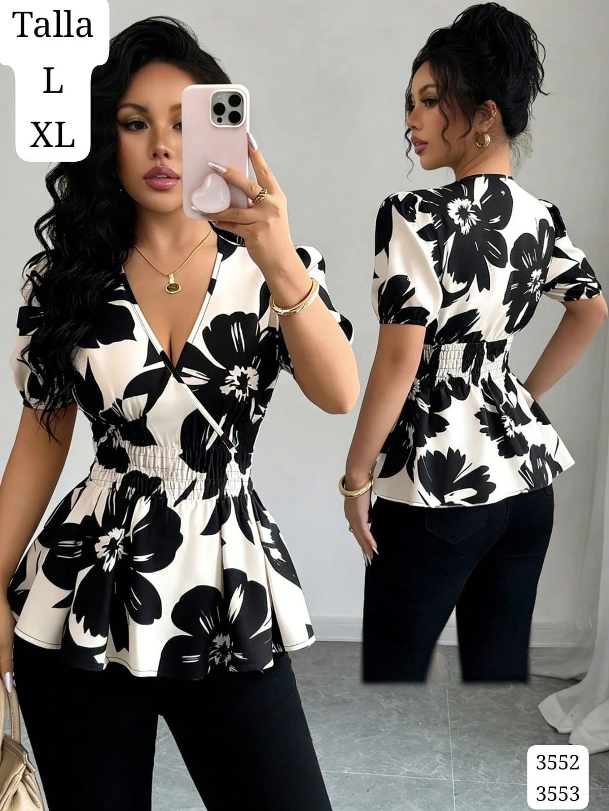 BLUSA BLANCA CON FLORES NEGRAS DE MUJER