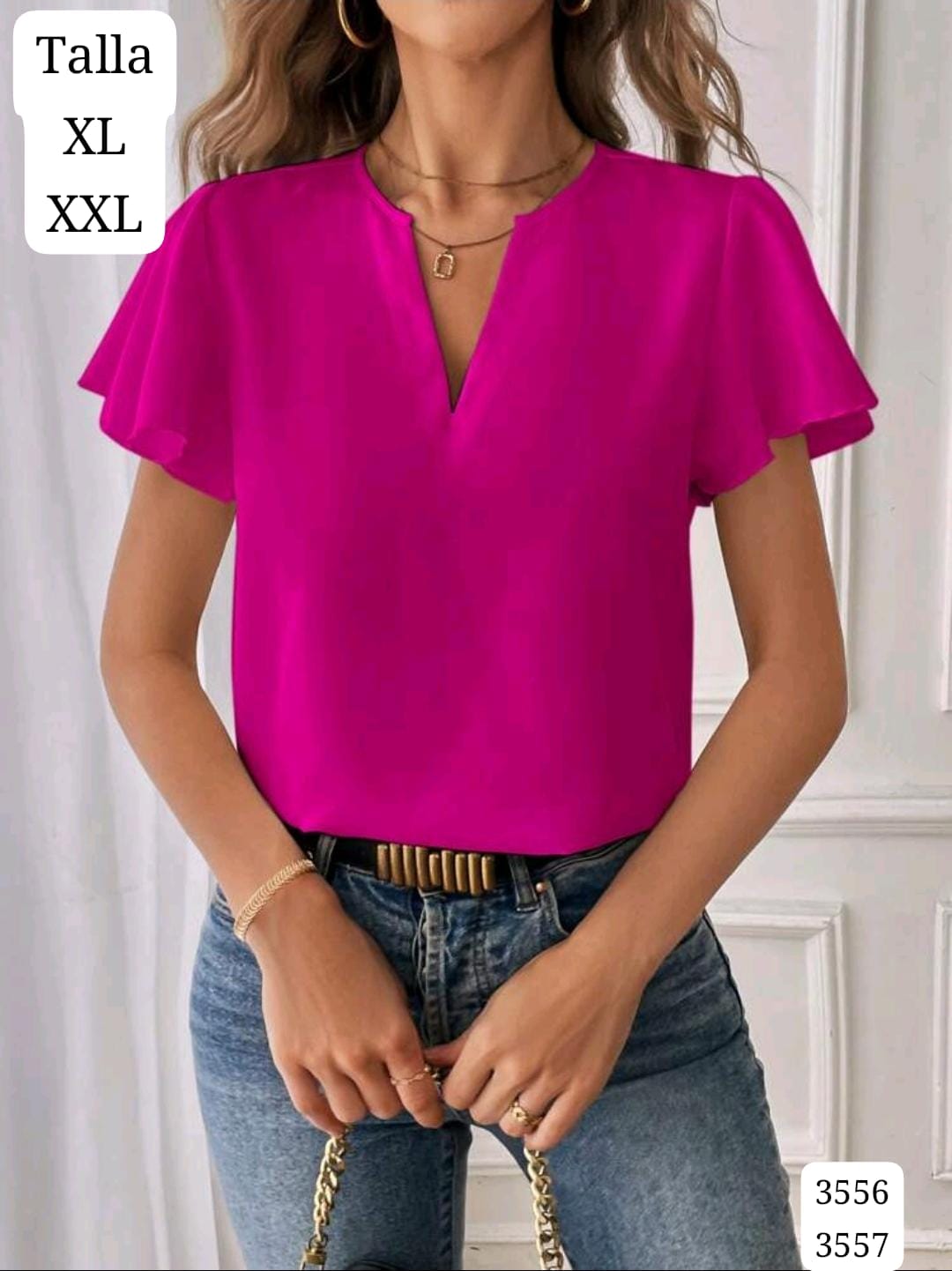 BLUSA ROSADA CUELLO V CON MANGAS DE MUJER