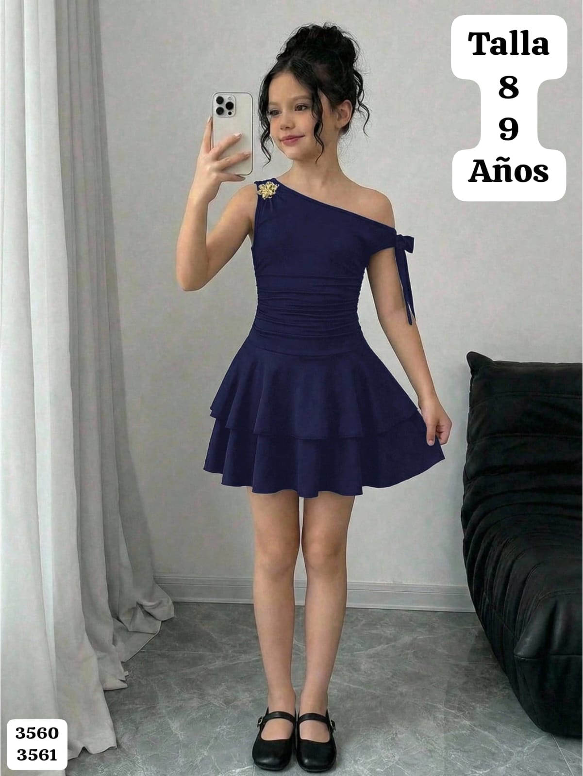 VESTIDO AZUL MANGA CAIDA CON FLOR METALICA DE NIÑA