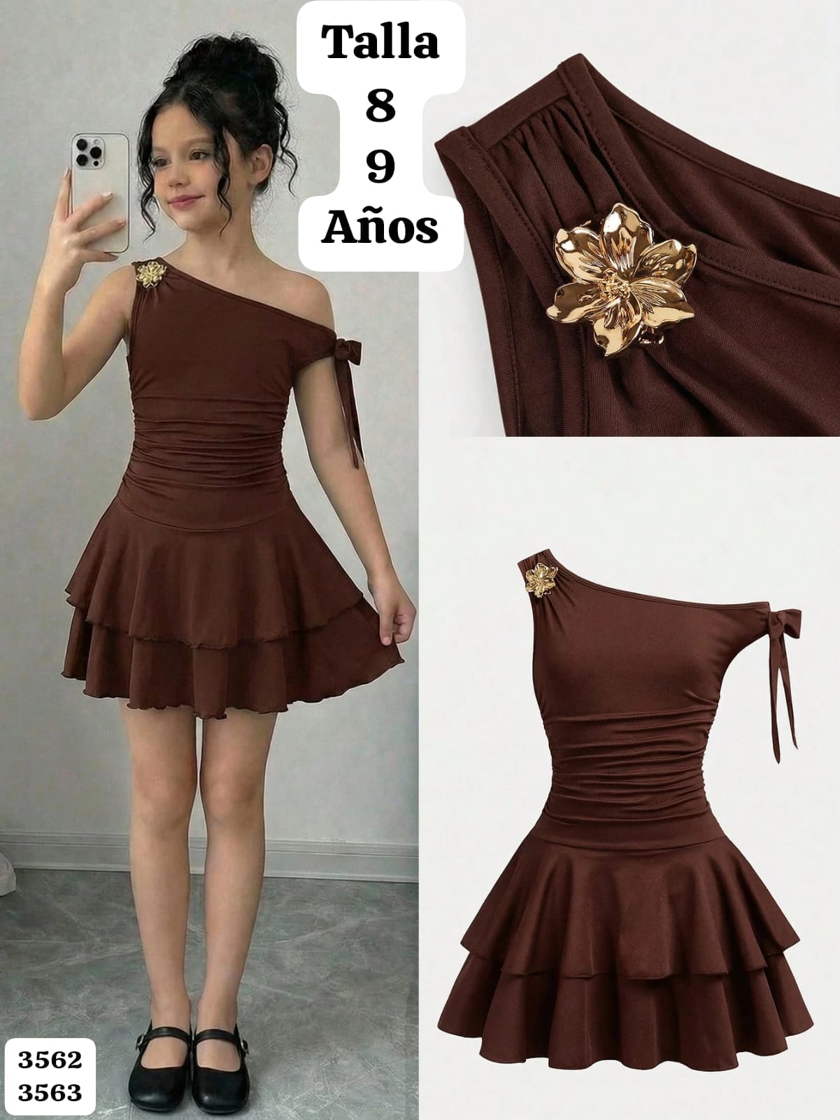 VESTIDO MARRON MANGA CAIDA CON FLOR METALICA DE NIÑA