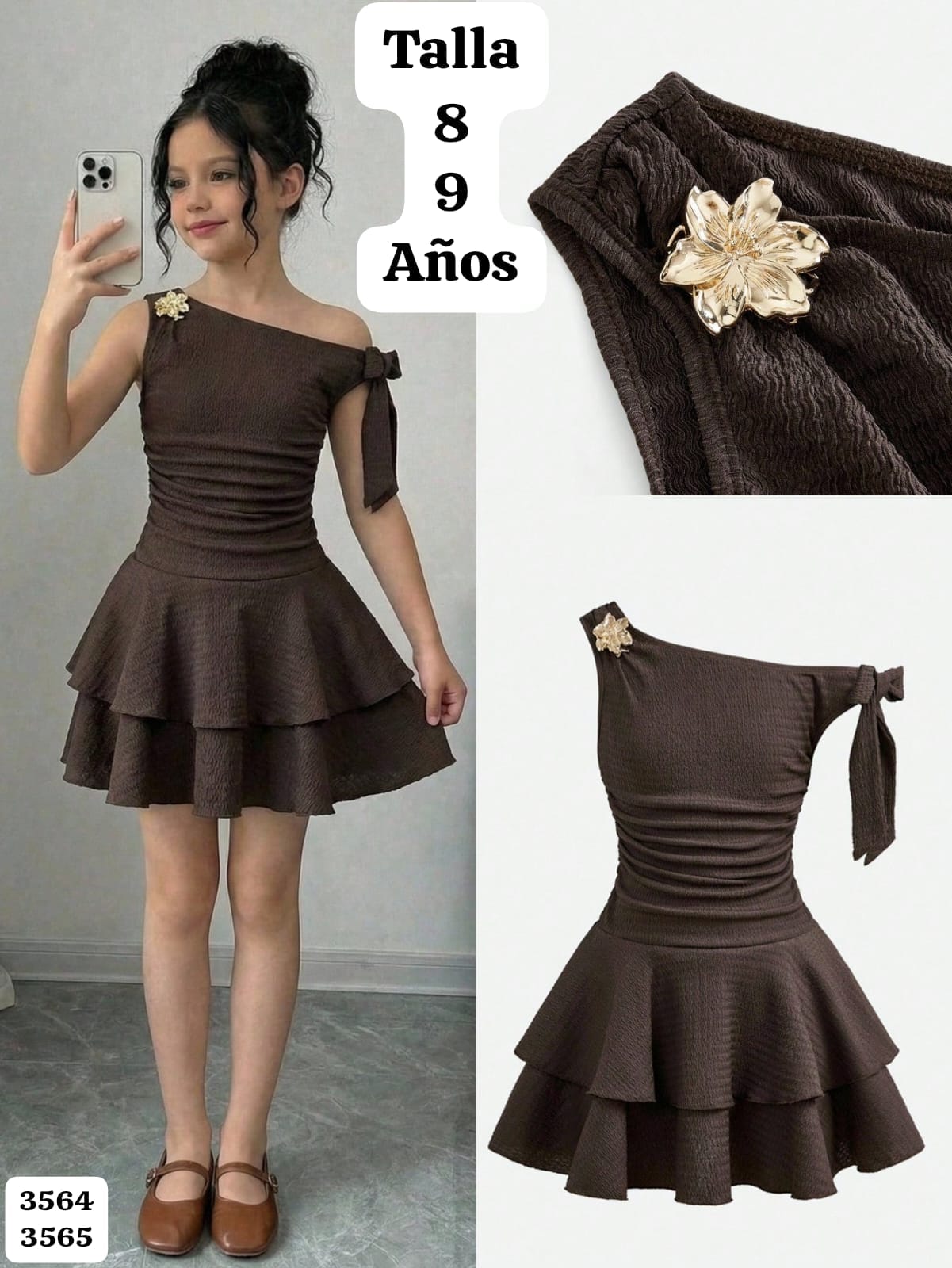 VESTIDO GRIS OSCURO MANGA CAIDA CON FLOR METALICA DE NIÑA