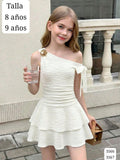 VESTIDO BLANCO MANGA CAIDA CON FLOR METALICA DE NIÑA