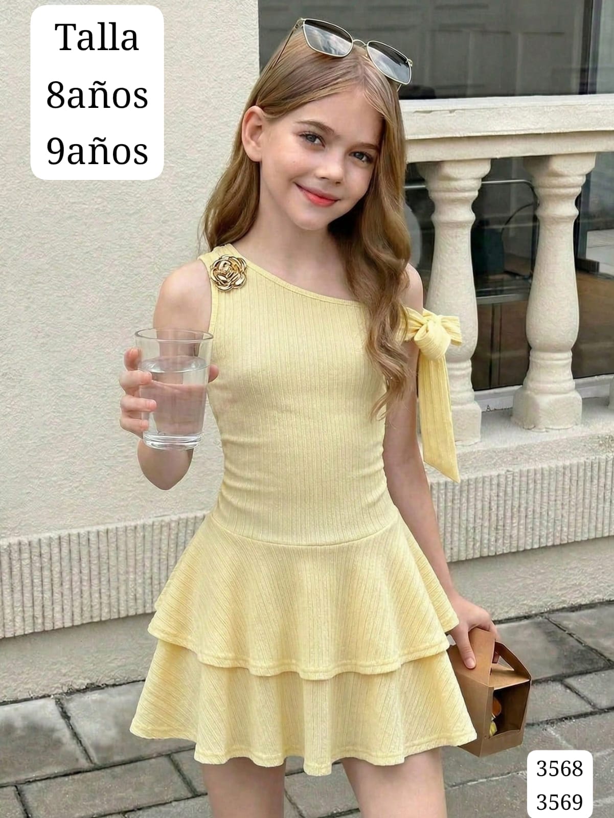 VESTIDO AMARILLO MANGA CAIDA CON FLOR METALICA DE NIÑA