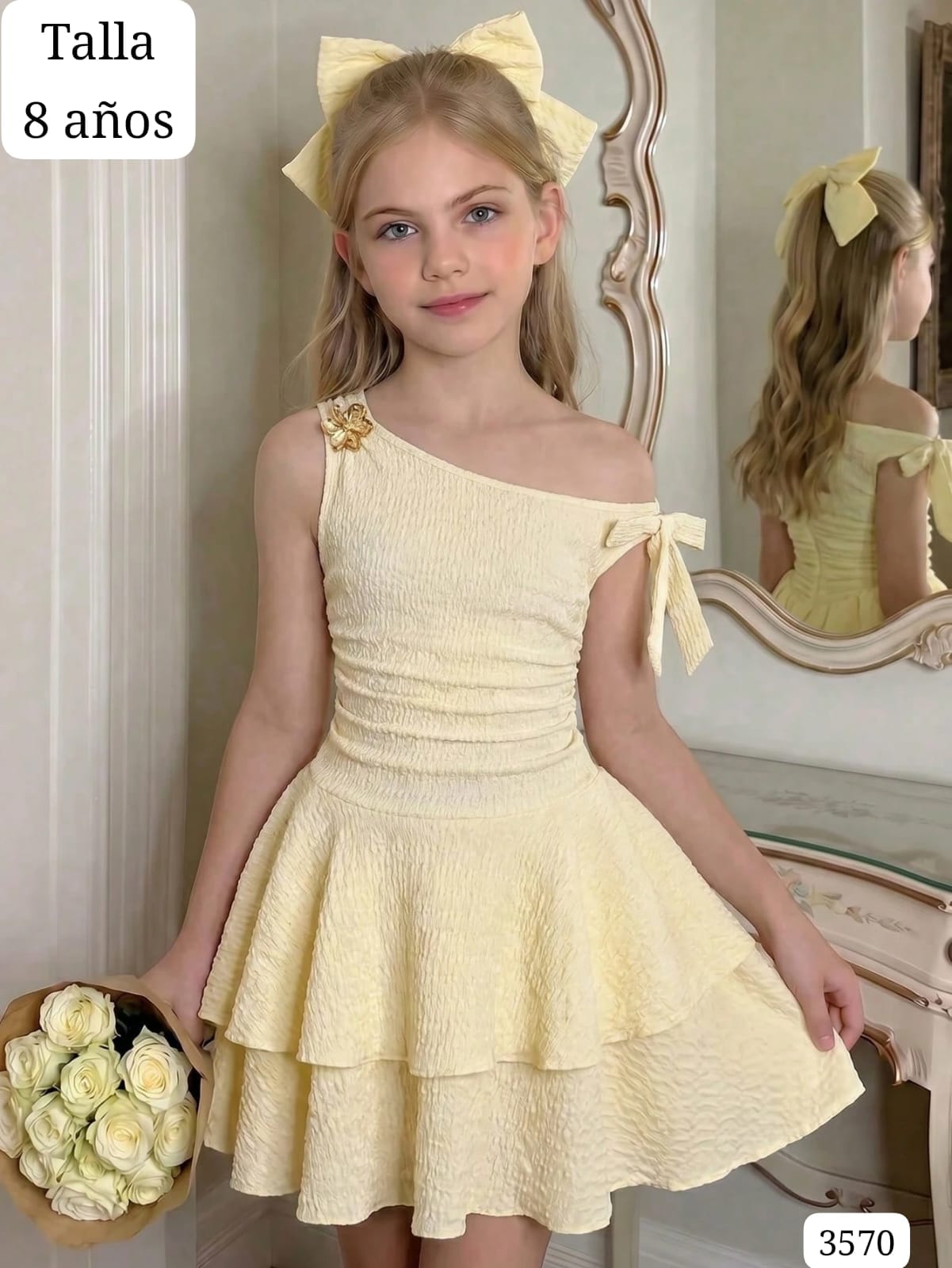 VESTIDO AMARILLO CLARO MANGA CAIDA CON FLOR METALICA DE NIÑA
