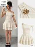 VESTIDO ALBARICOQUE MANGA CAIDA CON FLOR METALICA DE NIÑA