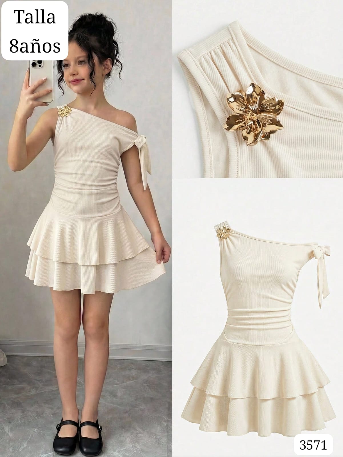 VESTIDO ALBARICOQUE MANGA CAIDA CON FLOR METALICA DE NIÑA