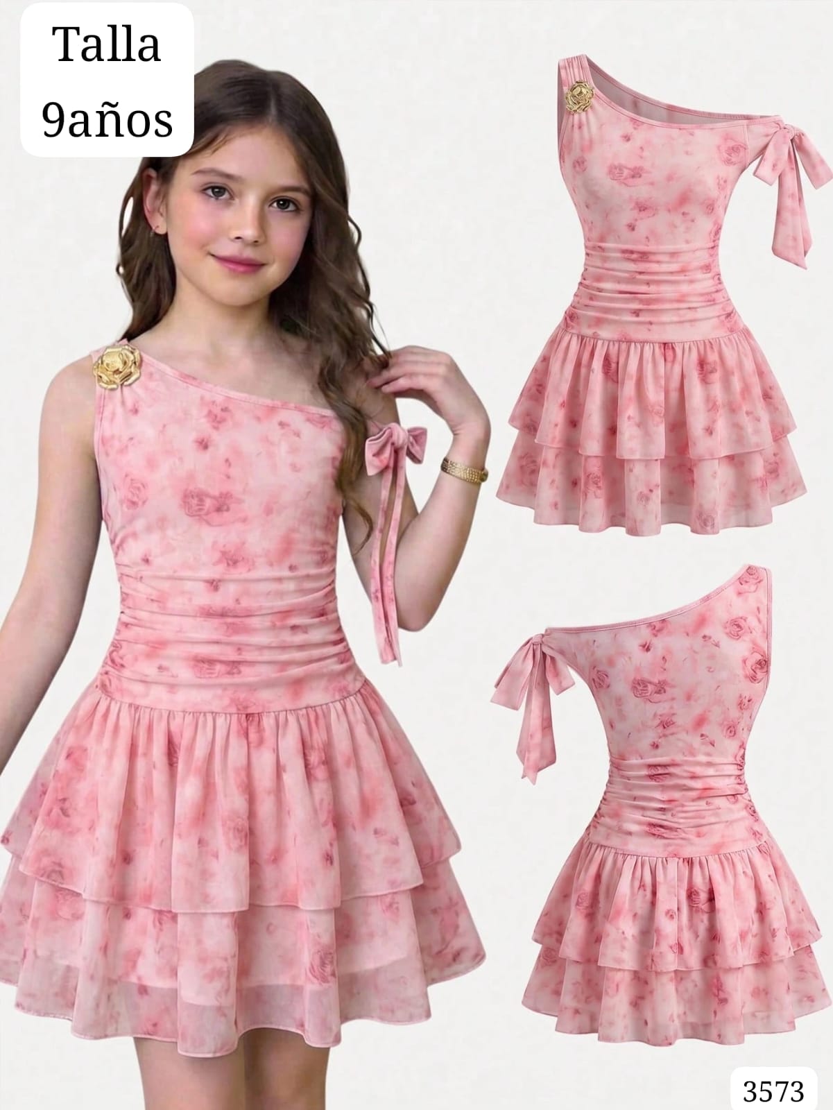 VESTIDO ROSA CON FLORES MANGA CAIDA CON FLOR METALICA DE NIÑA