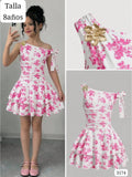 VESTIDO BLANCO CON FLORES ROSADAS MANGA CAIDA CON FLOR METALICA DE NIÑA