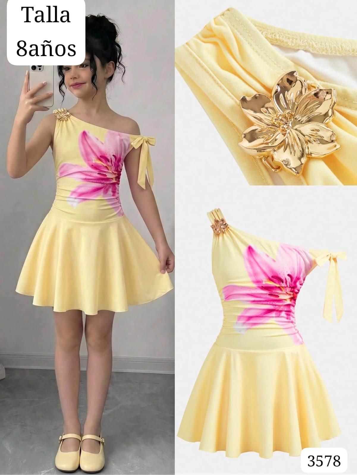 VESTIDO AMARILLO CON FLOR HAWAINA MANGA CAIDA CON FLOR METALICA DE NIÑA