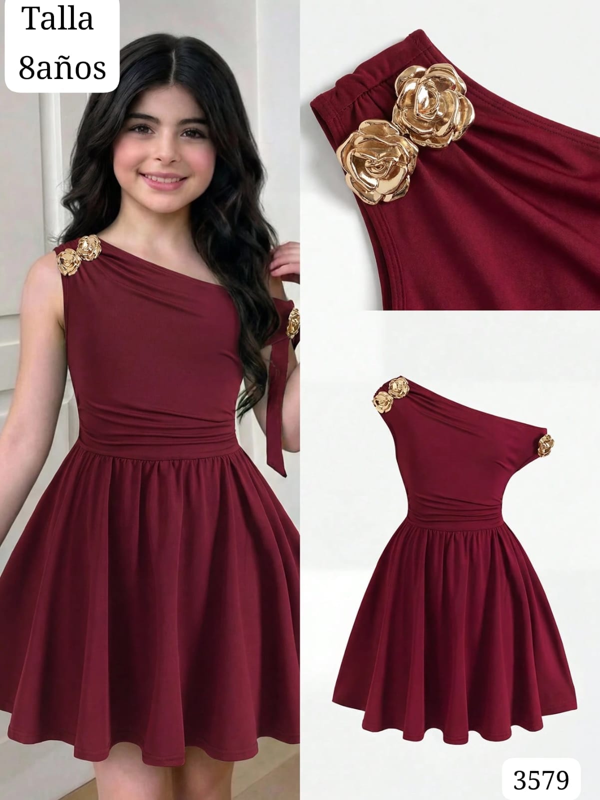 VESTIDO OCRE MANGA CAIDA CON FLOR METALICA DE NIÑA