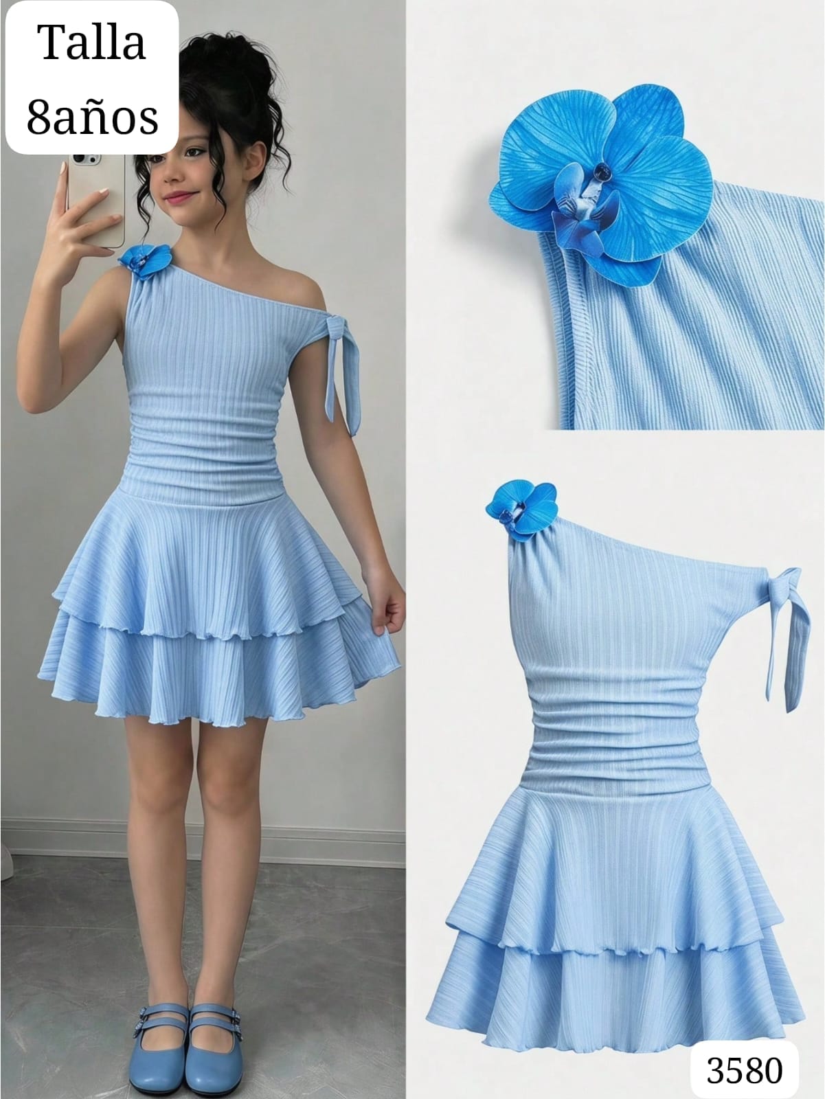VESTIDO CELESTE MANGA CAIDA CON FLOR HAWAIANA DE NIÑA