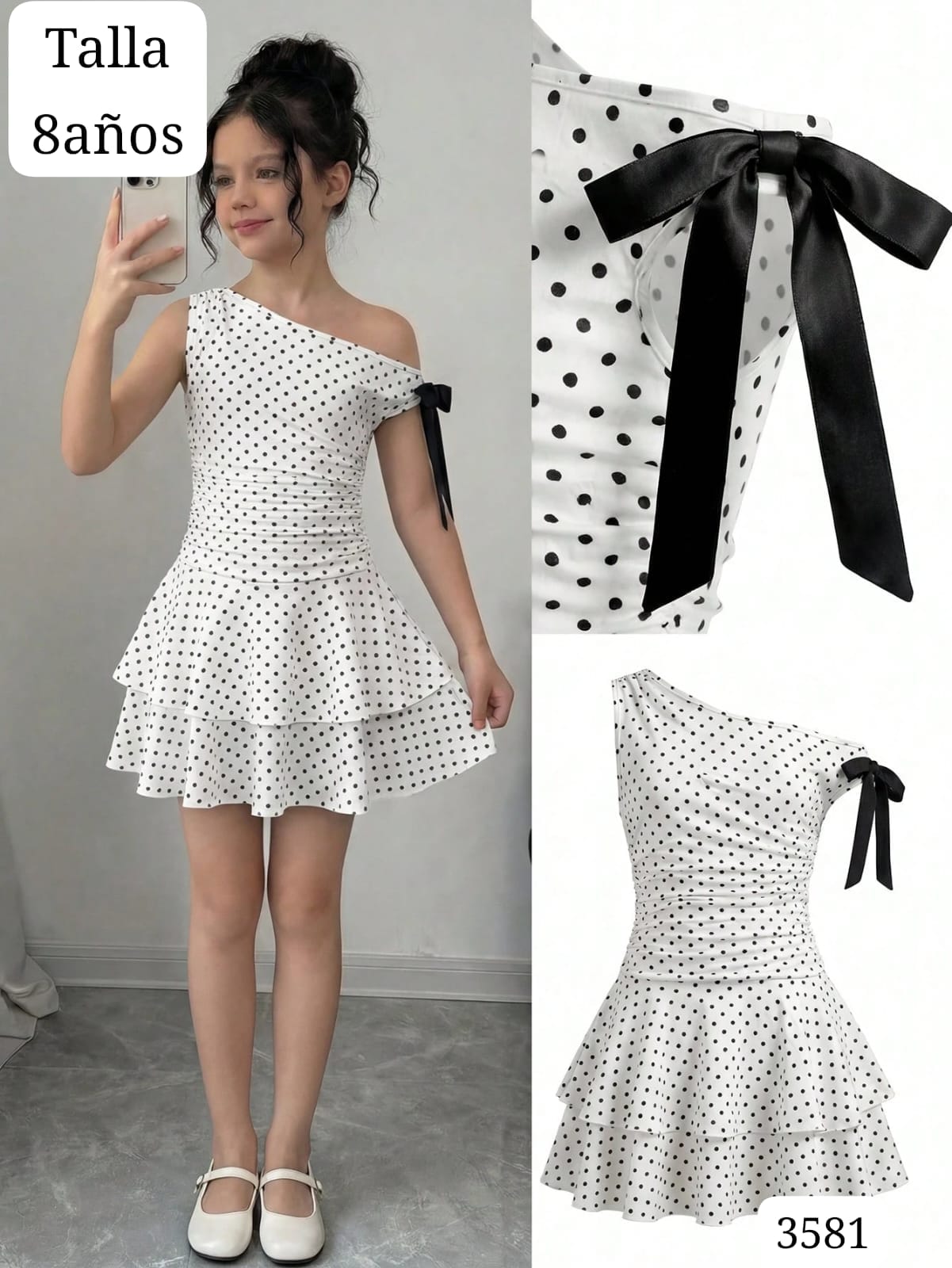 VESTIDO BLANCO CON LUNARES MANGA CAIDA DE NIÑA