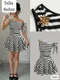 VESTIDO BLANCO RAYAS NEGRAS MANGA CAIDA CON FLOR METALICA DE NIÑA